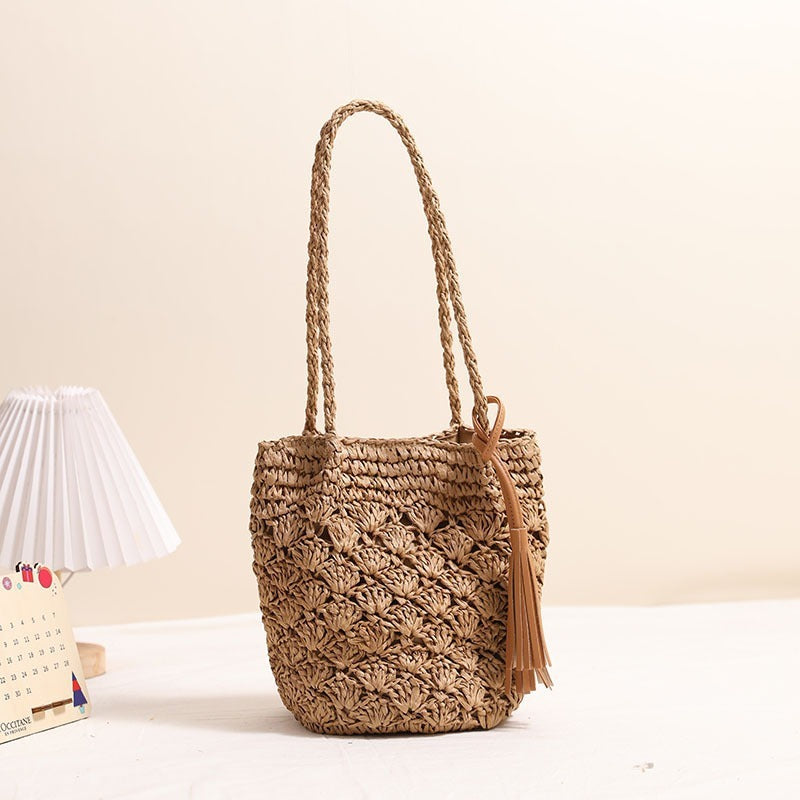 Tassel Shoulder Straw Bag Fan Hollow Out Cutout Pattern Woven Bag Women Vacation Beach Bag Women Bag Bella Mia
